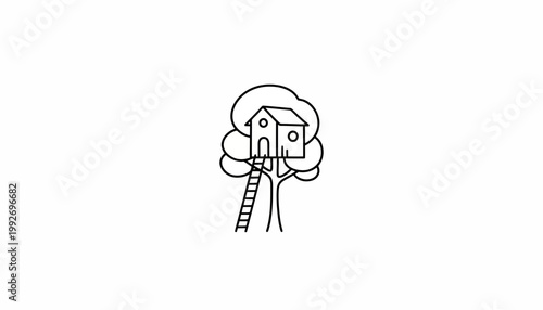 Simple Line Drawing of a Treehouse with Ladder, Minimalist Design
