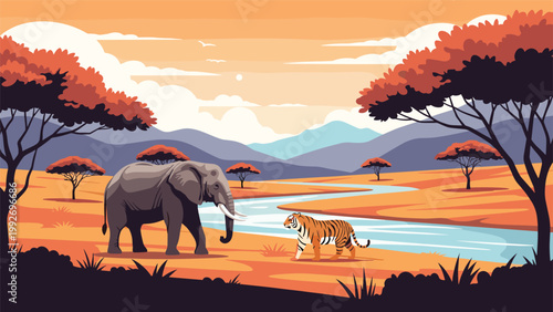 Large elephant and a majestic tiger encountering each other in a sunset savanna landscape with a winding river and trees.