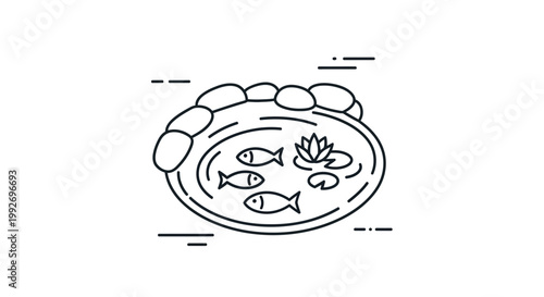 Stylized Line Art Pond with Fish and Lily Pad