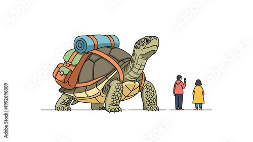 Massive giant tortoise carrying a large hiking backpack and sleeping mat while two tiny people stand nearby taking photos.