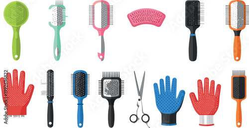 Hair styling tools vector set with combs brushes scissors gloves and professional salon equipment collection isolated illustration