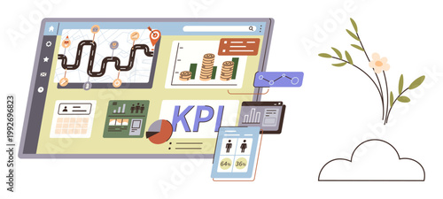 Business analysis, productivity tracking, data visualization, financial planning, strategy development, reporting. Dashboard with KPI charts, financial growth and data panels. Business analysis