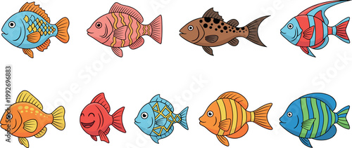Colorful tropical fish vector set with decorative aquarium species cartoon marine animals isolated illustration collection