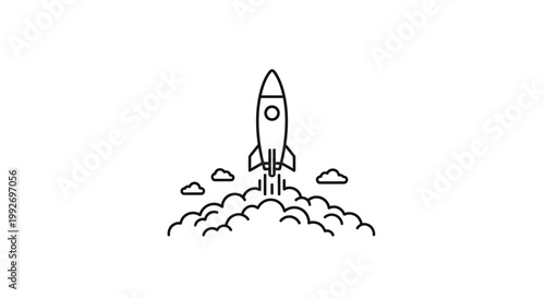 Rocket Launching From Clouds with Smoke Trail, Minimalist Line Art