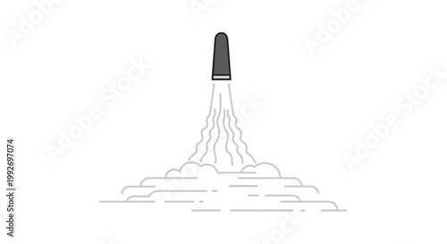 Rocket Launching into Space with Smoke Trails, Minimalist Flat Design