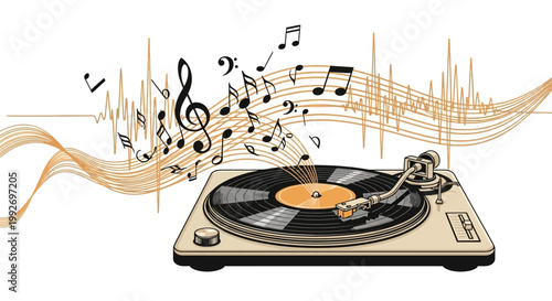 A retro vinyl jazz aesthetic is depicted in this vector art, showing a turntable playing music with sound waves and musical notes floating above against a clean white background