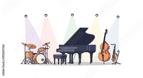 Illustration of a jazz ensemble featuring a piano, drums, saxophone, and upright bass, set against a clean white background with retro vinyl jazz aesthetics and soft spotlights illuminating