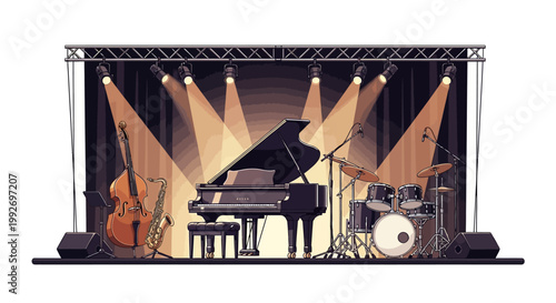 A vibrant illustration showcases a live concert stage scene, featuring a grand piano, cello, and drum set dramatically lit by spotlights against dark curtains, evoking a retro vinyl jazz