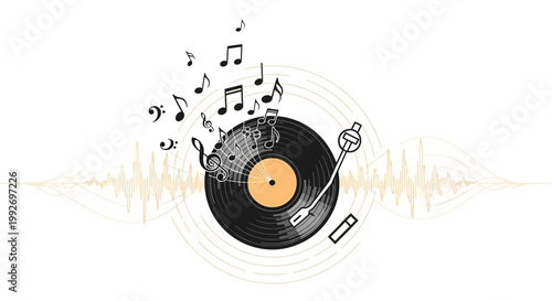 A retro vinyl jazz aesthetics illustration featuring a record player with musical notes floating above against a white background, capturing the modern neon jazz festival visuals