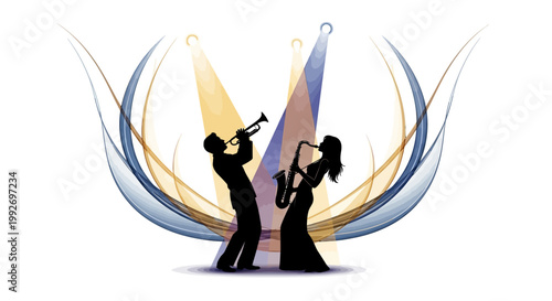 Silhouetted musicians performing a modern neon jazz festival visual with a trumpet and saxophone, set against an abstract backdrop with stylized light beams, evoking the energy of live