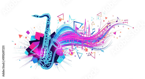 A stylized saxophone illustration with vibrant, swirling neon colors evokes a modern jazz festival visual, set against a clean white background with abstract geometric shapes and musical