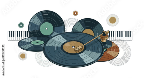 A vibrant illustration captures a retro vinyl jazz aesthetic, showcasing several vinyl records with a central turntable and piano keys in the background, creating a musical scene