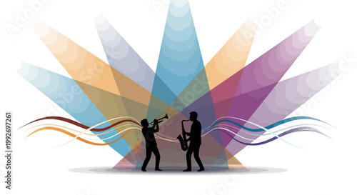 Silhouetted jazz musicians are performing a live concert stage scene, backlit with colorful light beams and swirling retro vinyl jazz aesthetics, set against a clean white background