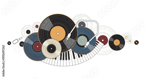 Retro vinyl jazz aesthetics shine in this vector illustration featuring turntables and vinyl records arranged with piano keys on a clean white background, creating a musical and artistic