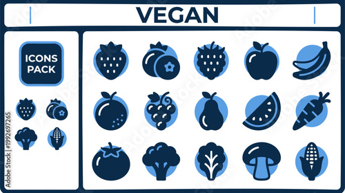 Vegan produce symbols in bold blue vector style, isolated on white for grocery labels and healthy menu design