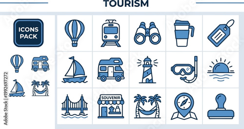 Journey transport symbols in editable blue vector icon style, isolated on white for holiday brochures and travel apps