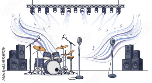 A vibrant, modern neon jazz festival visual showcases a stylized live concert stage scene with a drum kit, speakers, and microphones set against a white backdrop, enhanced by retro vinyl