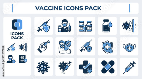 Vaccine healthcare symbols in editable blue vector icon style, isolated on white for medical education graphics