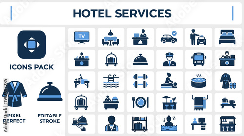 Hotel service symbols in editable blue vector icon style, isolated on white for hospitality menus and signage
