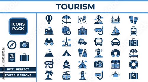Tourism symbols in editable blue vector icon style, isolated on white for vacation agencies and itinerary design