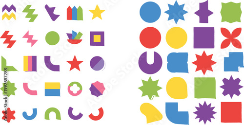 Set of Abstract Geometric Shapes and Colorful Icons in Modern Flat Style for Graphic Design, UI Elements, Creative Backgrounds, and Visual Composition Projects