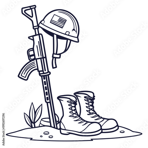 Memorial Day Soldier Tribute Line Art Vector with Helmet Rifle Boots Illustration