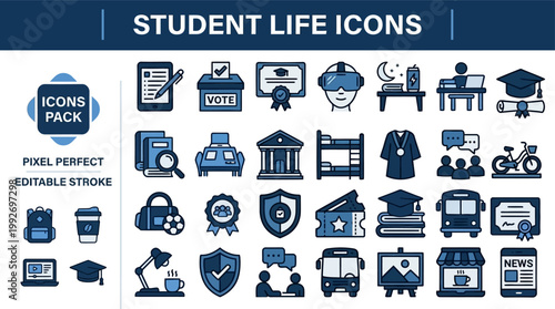 Student life symbols in editable blue vector icon style, isolated on white for campus guides and education apps