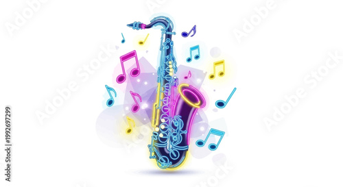 A vividly colored saxophone illustration floats amidst musical notes, embodying modern neon jazz festival visuals with a vibrant, digital painting style set against a clean white