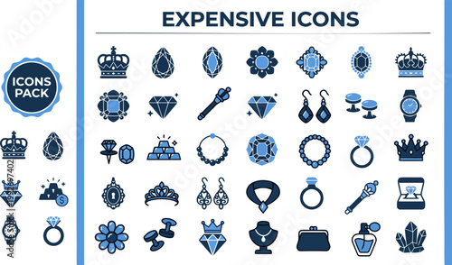 Editable luxury jewelry icon set, blue outline vector illustration isolated on white with copy space for boutique branding
