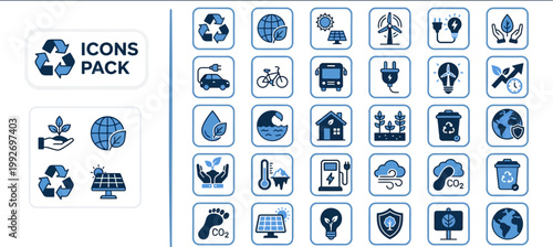 Editable ecology icon set, blue outline vector illustration isolated on white with copy space for sustainable lifestyle design