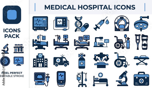 Editable medical hospital icon pack, blue outline vector illustration isolated on white with copy space for healthcare interface design