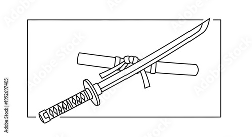 Samurai Sword and Scabbard Line Art Illustration - Japanese Katana Weapon