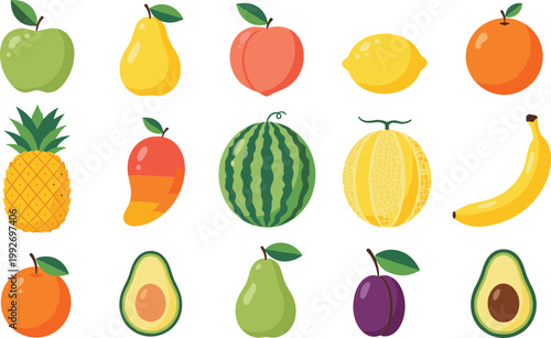 Set of Fresh Fruits Icons Including Apple, Banana, Watermelon, Pineapple, Avocado, Mango, and Citrus in Flat Style for Healthy Food Design and Nutrition Graphics
