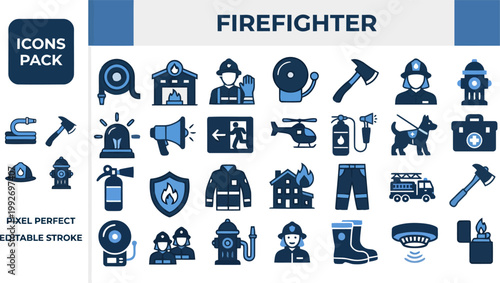 Firefighter service and rescue symbols in editable vector icon set, flat emergency illustration isolated on white for safety poster design