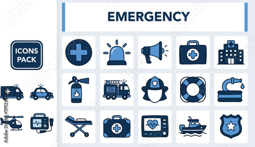 Emergency alert and rescue equipment in editable vector icon set, flat service illustration isolated on white for safety signage design