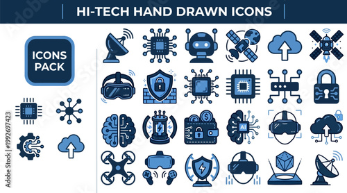 High tech cybersecurity and AI symbols in editable hand drawn vector icon set, blue doodle illustration for startup branding and UI design