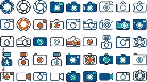 Photography camera equipment in editable vector icon set, flat technology illustration isolated on white for studio branding and app design