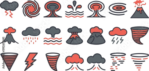 Volcanic eruption and hazard symbols in editable vector icon set, flat disaster illustration isolated on white for warning graphics