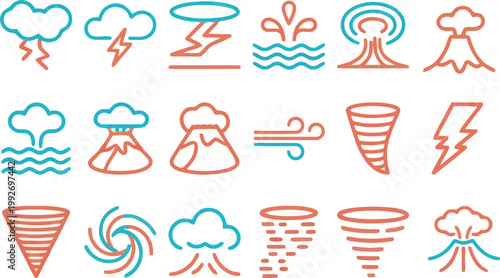 Extreme weather and natural disaster signs in editable vector outline set, dual color illustration isolated on white for alert graphics