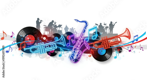 A vibrant vector art illustration depicts a modern neon jazz festival visual with silhouettes of musicians playing instruments like saxophone and trumpet amidst vinyl records and musical