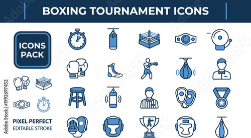 Boxing tournament essentials in editable vector icon set, blue sports illustration isolated on white for event branding and competition graphics