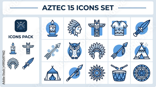 Ancient Aztec heritage elements in clean vector icon set, blue outline illustration isolated on white for poster, app, and museum design