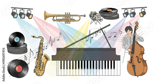 A vibrant and stylized illustration showcasing retro vinyl jazz aesthetics with a piano, saxophone, trumpet, bass, and vinyl records under stage lights, creating a modern neon jazz festival