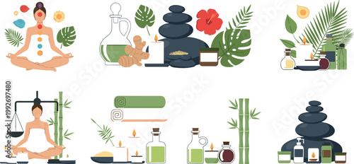 Spa wellness vector set with meditation yoga aromatherapy massage stones bamboo candles and herbal treatment illustrations collection