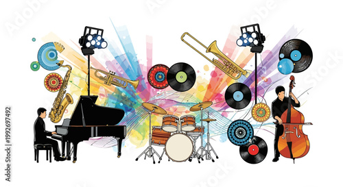A vibrant illustration captures the energy of live concert stage scenes with retro vinyl jazz aesthetics, showcasing musicians playing piano, saxophone, drums, trombone, and bass