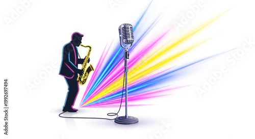 Silhouette of a jazz musician playing the saxophone next to a vintage microphone with a burst of colorful light rays in a modern neon jazz festival visual style against a clean white