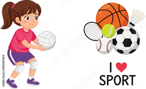Cute Girl Playing Volleyball with Sports Equipment Icons Including Basketball, Soccer Ball, Tennis Racket, and Shuttlecock for Kids Activity, Fitness, and Recreation Design
