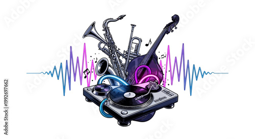 A vibrant jazz festival visual showcases a retro vinyl aesthetic with a turntable and musical instruments like a saxophone and trumpet, enhanced by neon lighting and soundwave graphics