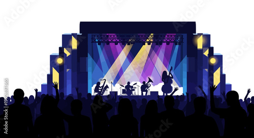 Vibrant modern neon jazz festival visual featuring a live concert stage scene with silhouetted audience members enjoying the musical performance under bright spotlights, creating a dynamic