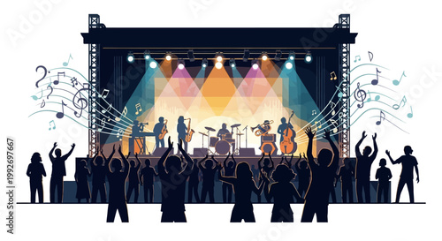 At a modern neon jazz festival, a band performs on a brightly lit concert stage with stylized silhouettes of an excited crowd raising their hands, all set against a backdrop of musical
